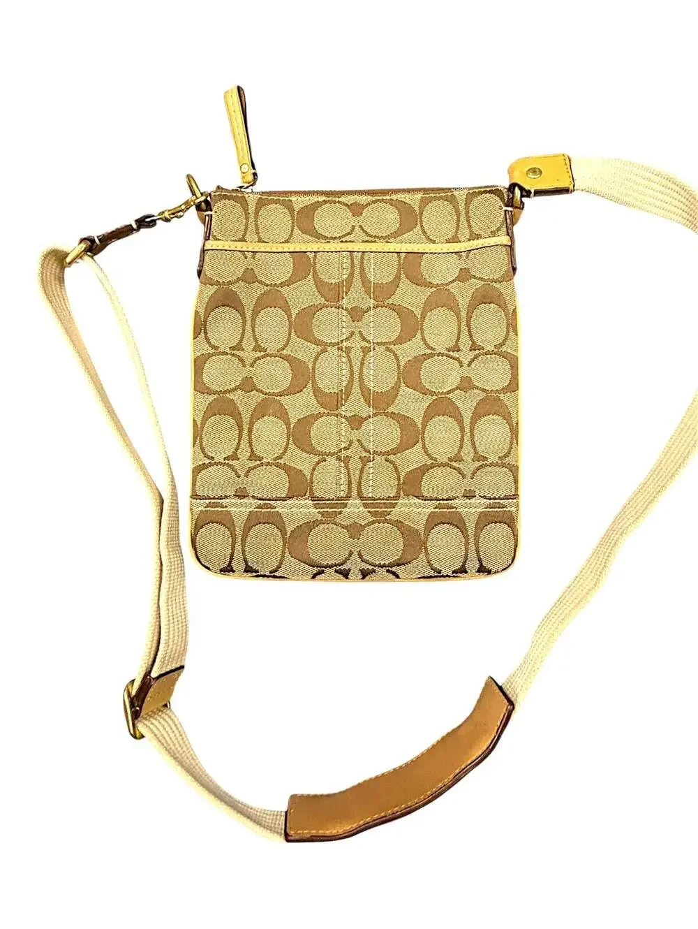 Coach Signature Swingpack Crossbody Bag Khaki Brown Jacquard Canvas Purse